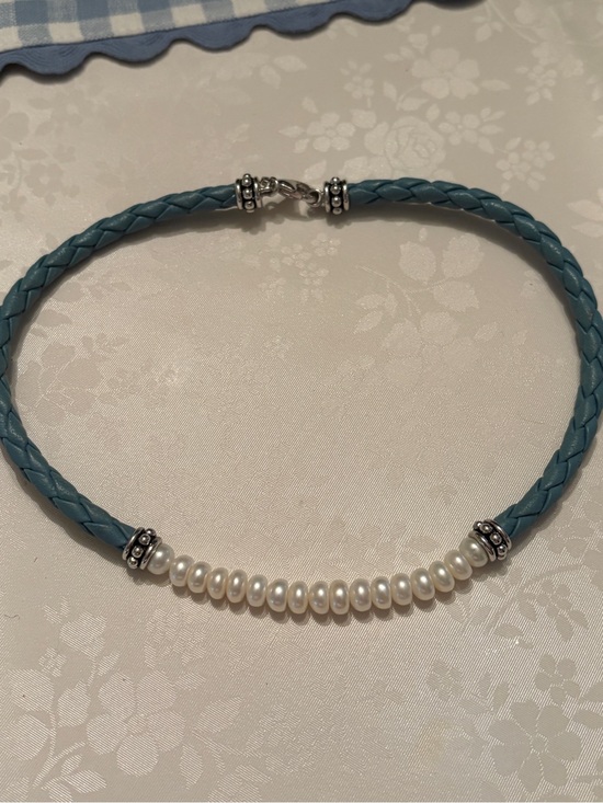 Honora Jewelry - Honora Pearl Braided Leather 925 Sterling Silver Choker Necklace Blue